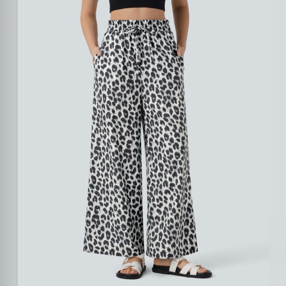 High Waisted Drawstring Leopard Print Wide-Leg Pants